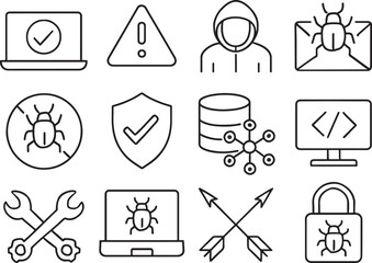Fototapeta premium Cybersecurity Icons Set Laptop Bug Shield Lock Network Tools vector illustration