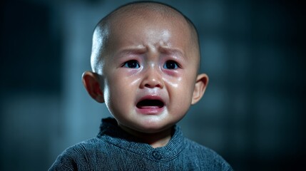 Baby is crying and has tears running down his face. Concept of sadness and vulnerability