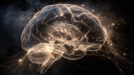 An abstract visualization f a human brain silhouettewith intricate, glowing neral pathways on a dark cosic background.