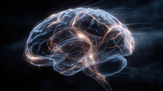 An abstract visualization f a human brain silhouettewith intricate, glowing neral pathways on a dark cosic background.