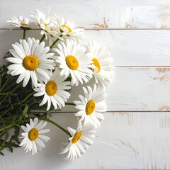 Fototapeta premium A bouquet of pristine white daisies rests attractively on a distressed white wooden surface, showcasing delicate petals and bright yellow centers.