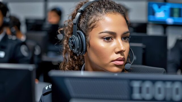 Focused female officer control room, wearing headset, dedicated to monitoring operations with professionalism and intensity across multiple screens