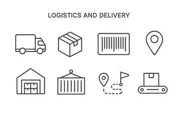 Logistics and Delivery Icons Set – Shipping, Warehouse, Barcode, Package, Supply Chain