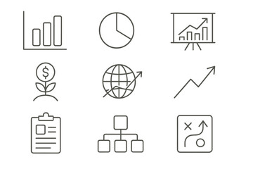 Business Analytics and Strategy Icons Set – Growth, Global Market, Statistics, Planning