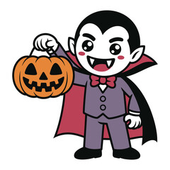 Cute cartoon vampire holding a jackolantern, perfect for halloweenthemed designs, invitations, and decorations with a spooky charm