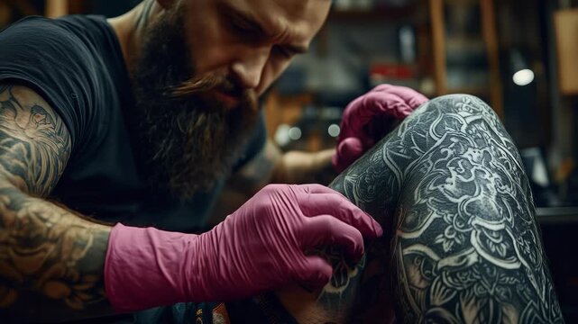 A bearded man with tattoos on his legs. Male tattoo artist inked a tattoo. Detail tattooing of a leg in gloves. A tattooed man with facial hair and ink on his legs lifestyle.