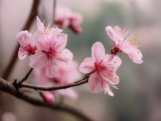 Delicate Pink Blossoms on a Branch with Soft Bokeh Background