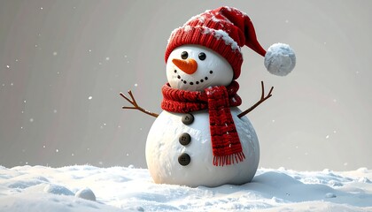 Fototapeta premium A delightful winter scene features a charming snowman, adorned with a red knitted hat and scarf, standing amidst a snowy landscape.