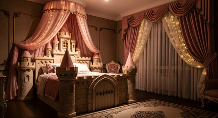 Magical Fairytale Bedroom with Castle Bed and Luxurious Pink Drapes Decor