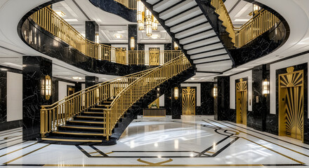 Magnificent Luxury Lobby With Golden Staircase And Decorative Architectural Elements