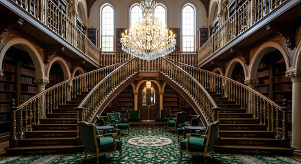 Magnificent Library Interior Showcasing Dual Staircases, Grand Chandelier, And Bookshelves