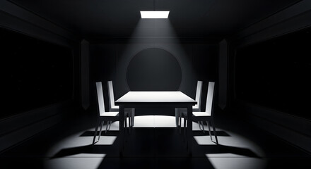 Minimalist Workspace With A Single Light Illuminating A Table And Chairs In A Dark Room
