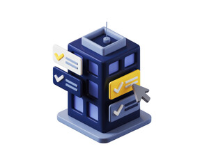 3d icon of 3d isometric building with checkmarks and cursor, isolated on transparent background