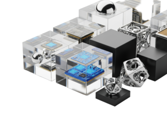 Perfectly clear acrylic containers displaying iridescent blue microchips, gold contacts, silver spheres, and black mechanical parts on a transparent background. Concept of precision engineering