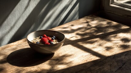 A simple, wholesome breakfst on a sunlit wooden tabl with a beam of light illuinating a bowl of oats andfruit.