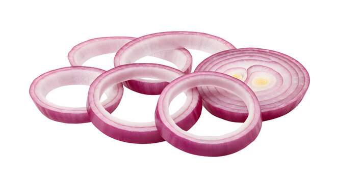 onion rings png, Fresh red onion slices and rings isolated on white transparent background 3D rendered PNG element, Sliced purple onion rings pile isolated cutout element