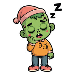 Obraz premium Cartoon zombie boy with green skin, wearing a nightcap, sleeping, he is dreaming of brains and coffins