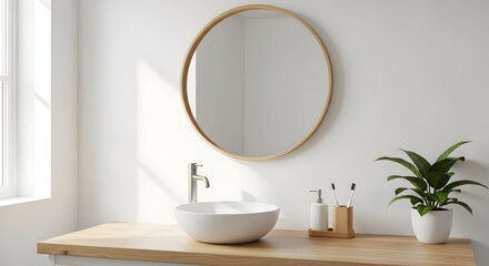 Minimalist Bathroom Design With Wooden Vanity, Round Mirror, And Green Plant