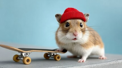 Hamster wearing a red hat and standing on a skateboard. The image has a playful and lighthearted mood, as the hamster is dressed up like a human and he is enjoying itself