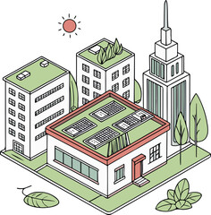 Minimalistic Line Art of Urban City Block with Green Roofs and Eco-Friendly Buildings