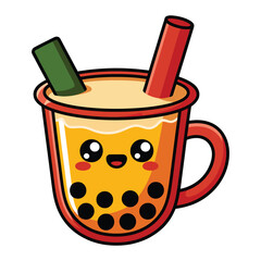 Cute bubble tea with a happy face cartoon illustration of a popular drink with tapioca pearls and straws
