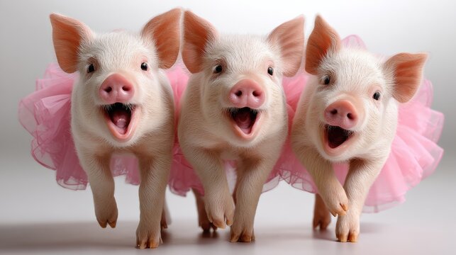 Three pigs are wearing pink tutus and are running. They are happy and excited. The scene is playful and fun