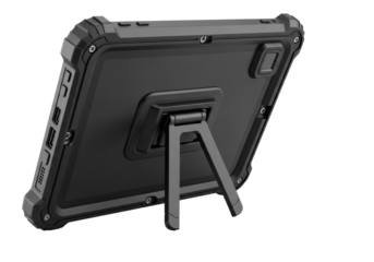 Matte black rugged tablet computer with thick composite casing, prominent rubberized corners, and heavy-duty kickstand, isolated on transparent, industrial-grade reliability.