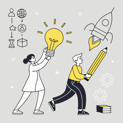 Creative team collaboration sparks innovation launching new ideas with lightbulb and rocket vector