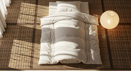 Minimalist bedroom interior design with a futon and a paper lantern lamp serene scene