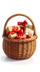 A wicker basket brimming with wrapped gifts, displaying a festive and cheerful atmosphere.