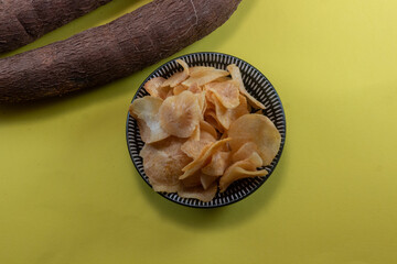 Cassava Fried Chips (Yuca, Manihot esculenta) Crisps in Bowl, Traditional Snack Food
