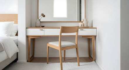 Minimalist Bedroom Interior with Dressing Table and Chair Creating a Serene Ambiance
