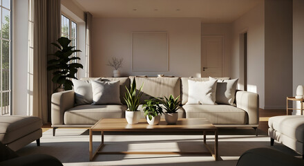 Modern and Minimalist Living Room Interior Design with Comfortable Sofa and Plants