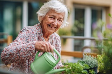 An elderly woman smiles while watering her plants on a sunlit balcony during spring. She enjoys nurturing her garden and spending time outdoors, surrounded by greenery
