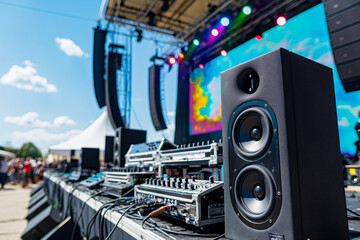 DJ equipment and speakers at outdoor event. Sound system with speakers and colorful stage lights at music festival