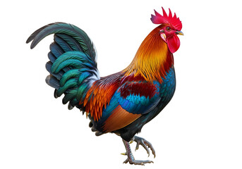 Fototapeta premium Vibrant rooster with multicolored plumage stands out against a stark black background, showcasing its colorful feathers in exquisite detail.