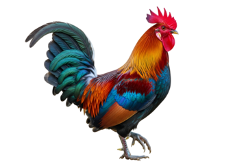 Vibrant rooster with multicolored plumage stands out against a stark black background, showcasing its colorful feathers in exquisite detail.