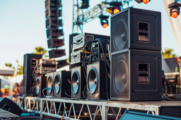 Large sound system at concert. Audio speakers arranged on stage for outdoor music event setup.


