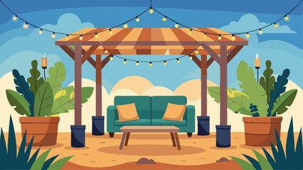An outdoor pergola with comfortable seating string lights and potted plants creating the perfect spot for relaxation and entertainment.