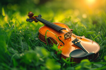 Violin on grass at sunset. Wooden violin surrounded by greenery. Outdoor music scene for artistic and emotional concepts.