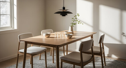 Minimalist dining room scene with wooden table and chairs with soft lighting and decor
