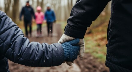 Obraz premium Family holding hands on rainy autumn walk in forest park