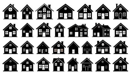 A variety of simple black silhouette house icons, arranged in rows and columns, offering different house styles and architectural designs.