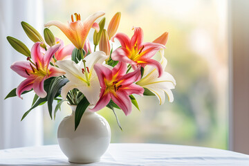 Bright lilies bouquet in vase. Colorful fresh flowers by window light. Ideal for floral decor and spring themes.