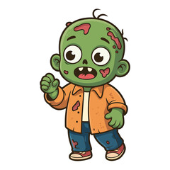 A cute cartoon zombie kid with green skin, wearing an orange shirt and blue jeans, is walking halloween theme illustration