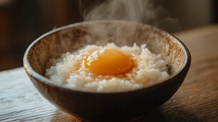 湯気立つ卵かけご飯のあたたかな朝