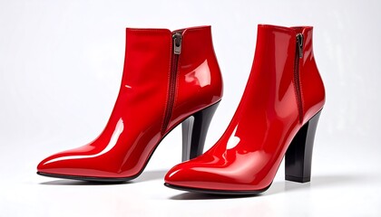 Two vibrant, glossy red ankle boots with high heels and zippered sides are displayed against a plain white background.