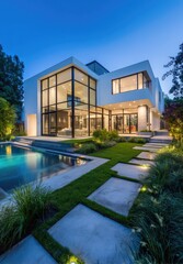 Modern white house with pool at twilight
