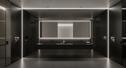 Modern Bathroom Design With Illuminated Mirror And Dark Fixtures A Stylish Aesthetic