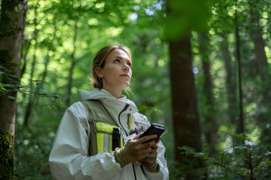 Amidst tall trees and abundant foliage, a woman in a light rain jacket analyzes data on her handheld device, engaged in environmental research during daylight